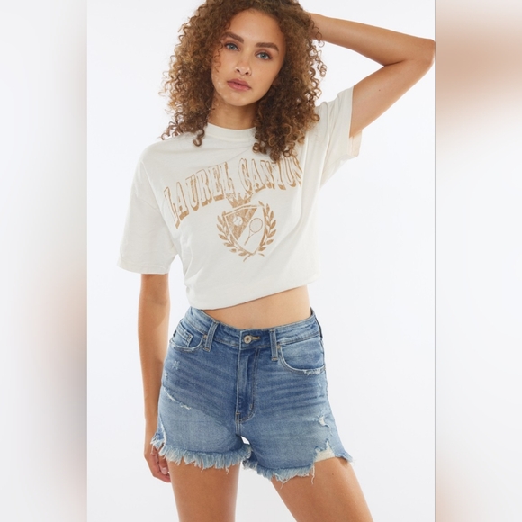 KanCan High Rise Waist Distressed Torn Denim Cut-off Frayed Hem Blue Jean Shorts - Picture 12 of 15